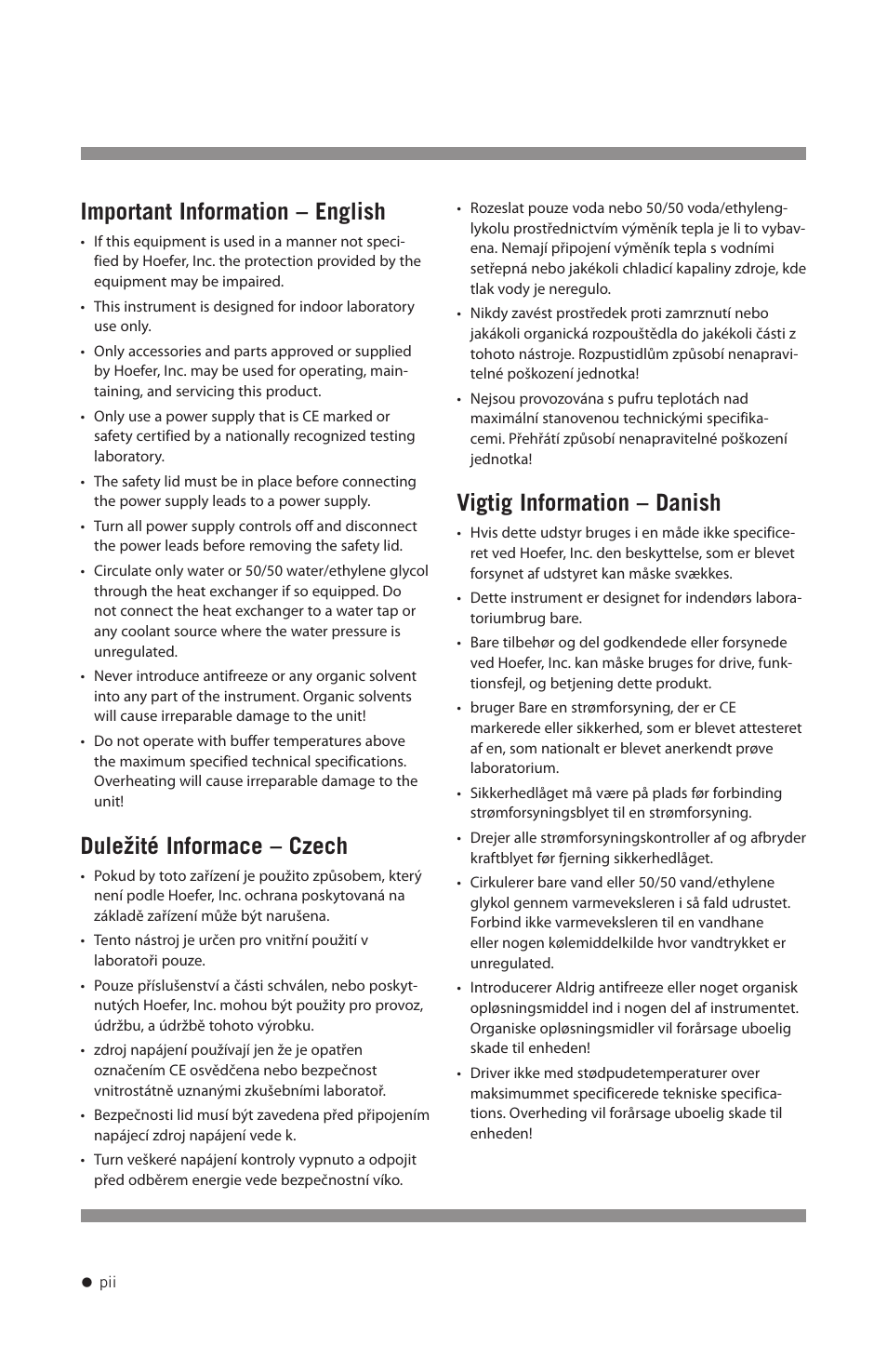 Important information – english, Duležité informace – czech, Vigtig information – danish | Hoefer SE400 User Manual | Page 3 / 50
