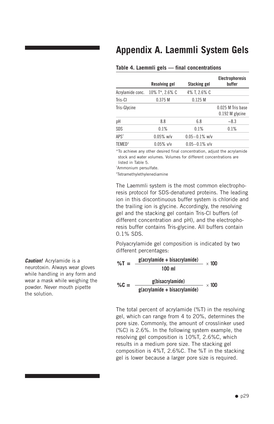 Appendix a. laemmli system gels | Hoefer SE400 User Manual | Page 37 / 50