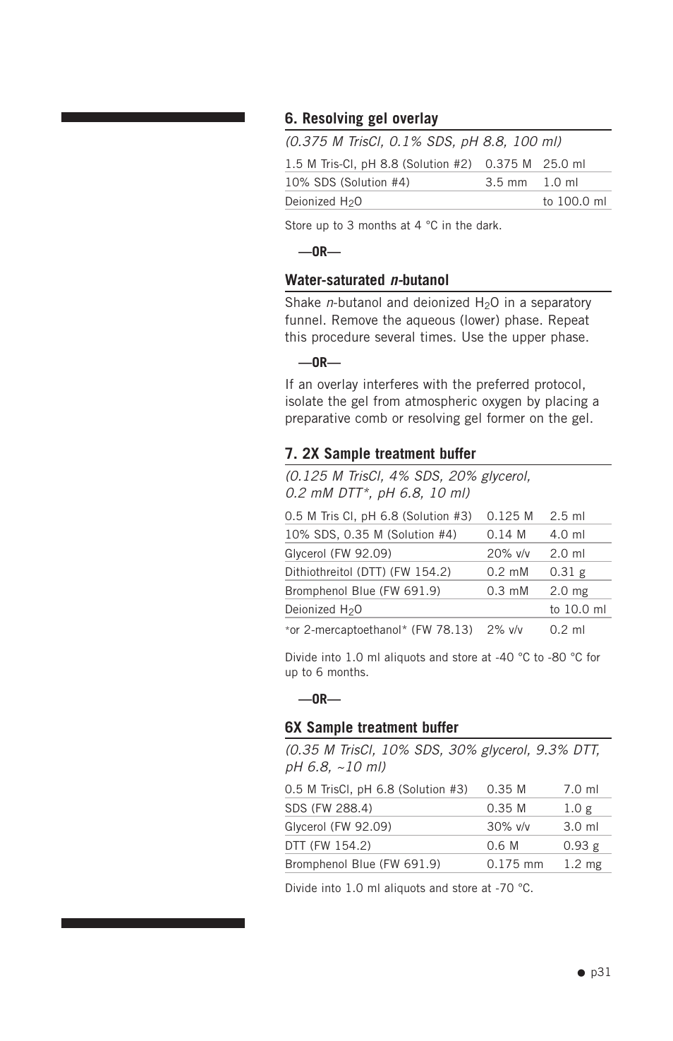 Resolving gel overlay, Water-saturated n- butanol, 2x sample treatment buffer | 6x sample treatment buffer | Hoefer SE400 User Manual | Page 39 / 50