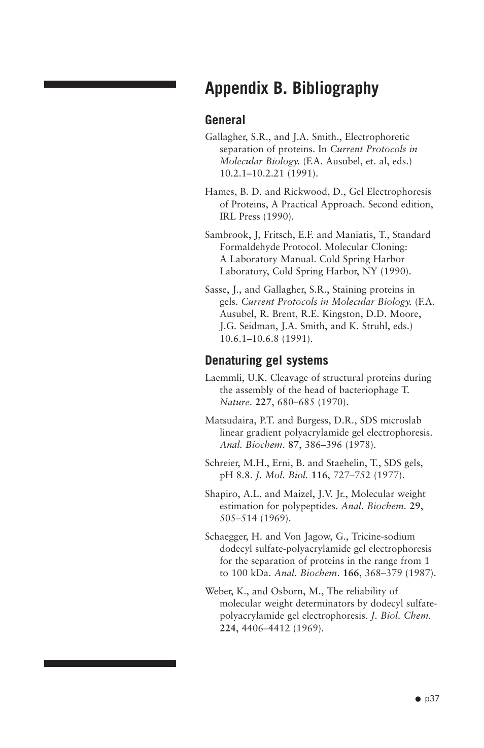 Appendix b. bibliography, General, Denaturing gel systems | Hoefer SE400 User Manual | Page 45 / 50