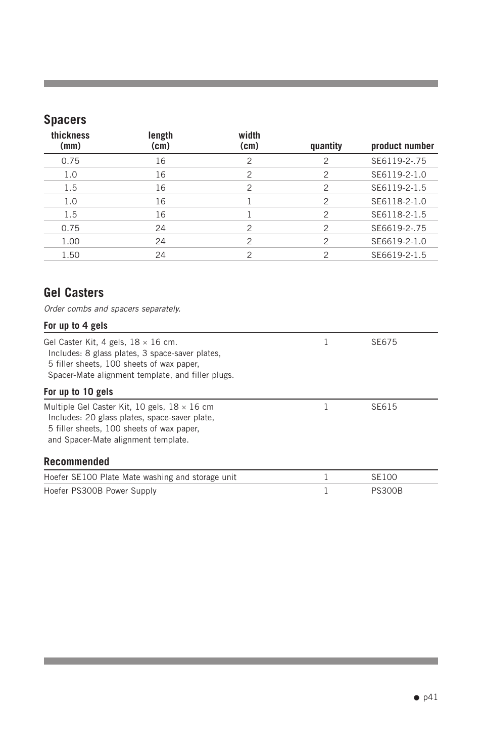 Spacers, Gel casters, Recommended | Hoefer SE400 User Manual | Page 49 / 50