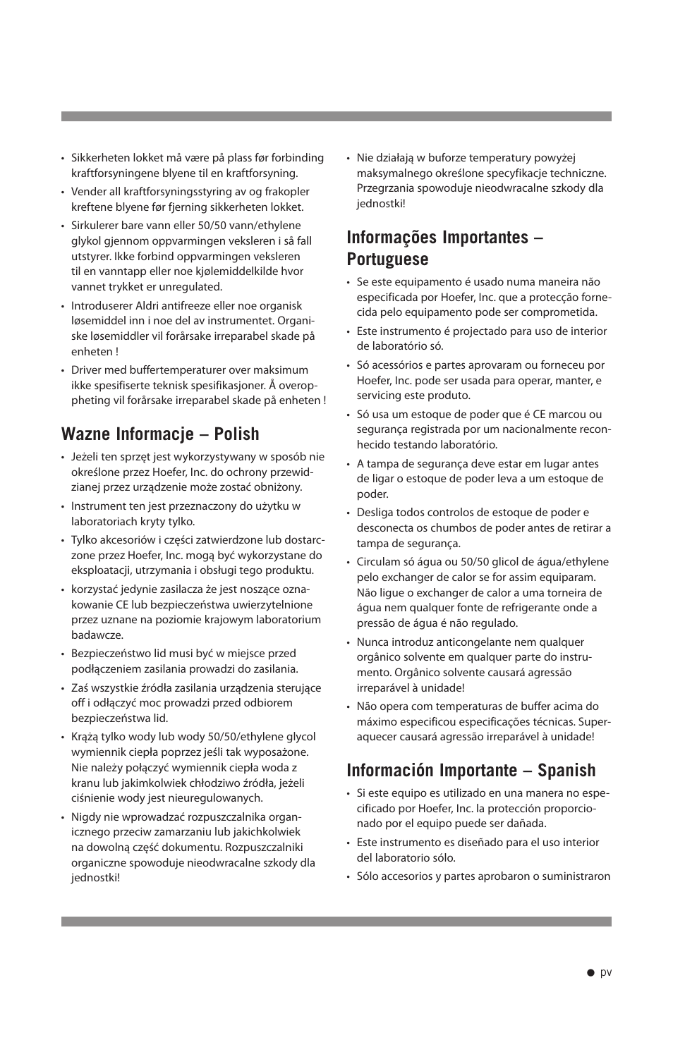 Wazne informacje – polish, Informações importantes – portuguese, Información importante – spanish | Hoefer SE400 User Manual | Page 6 / 50