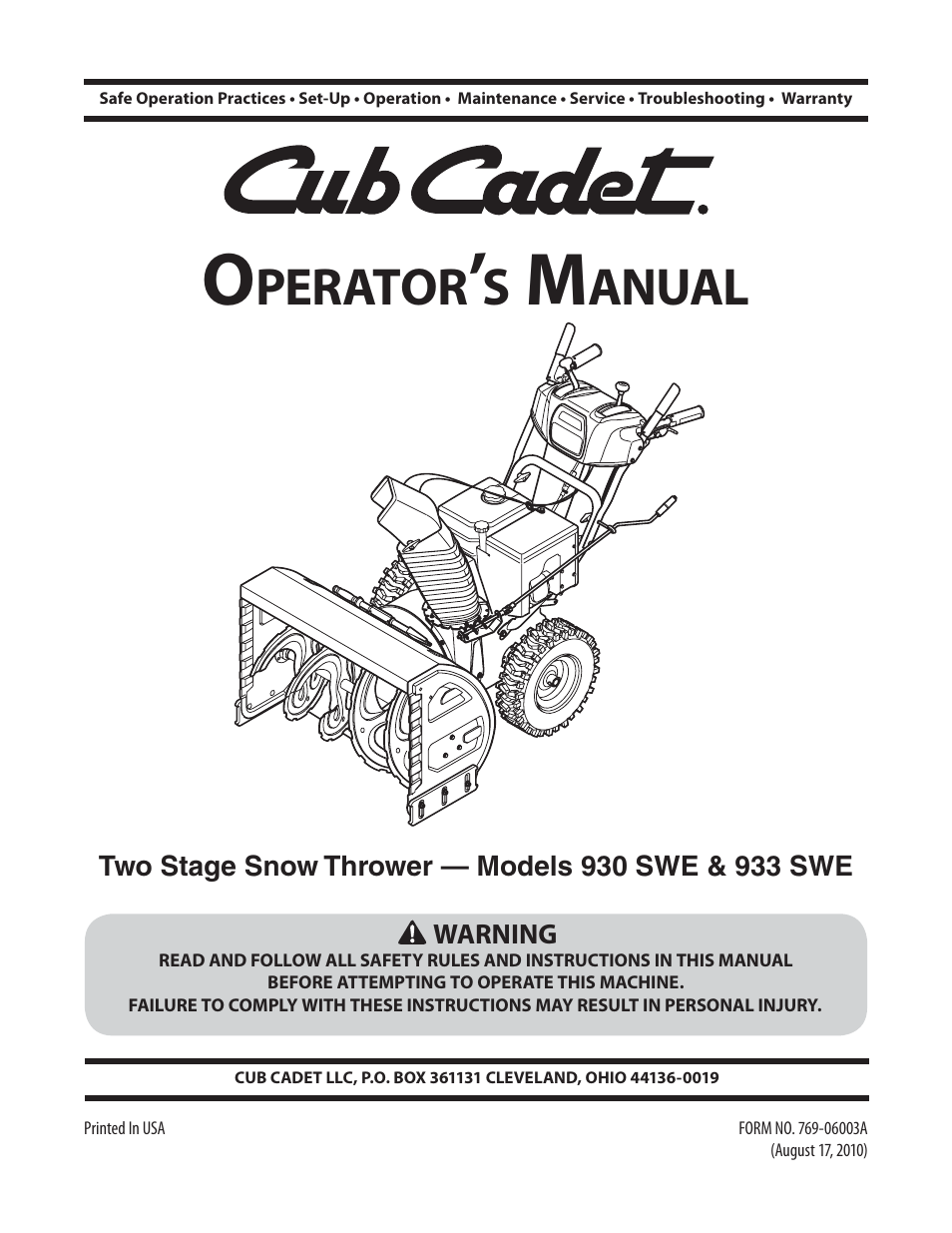 Cub Cadet 930 SWE User Manual | 28 pages
