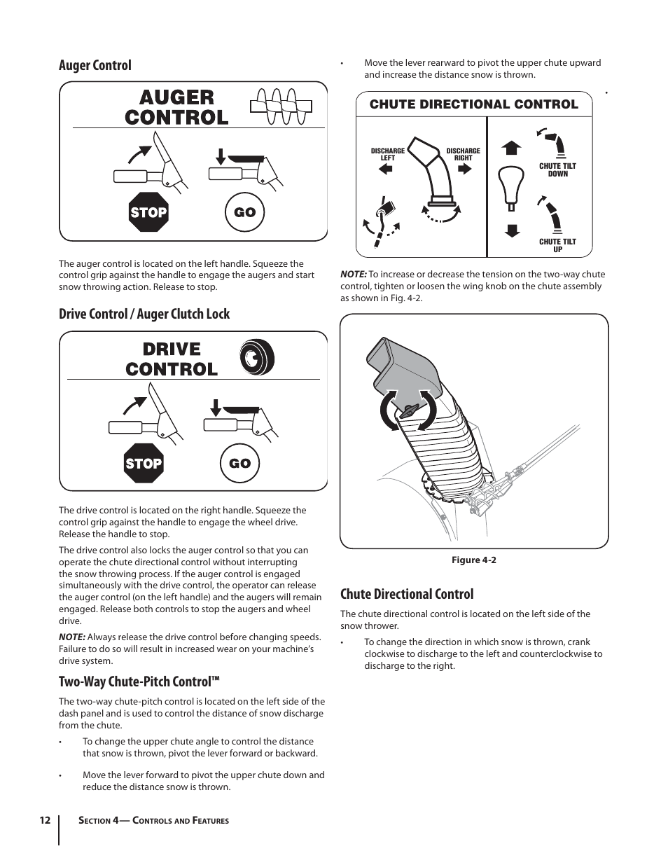 Auger control, Drive control / auger clutch lock, Two-way chute-pitch control | Chute directional control | Cub Cadet 930 SWE User Manual | Page 12 / 28