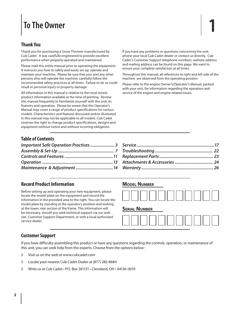 Record product information, Table of contents m, Customer support | Cub Cadet 930 SWE User Manual | Page 2 / 28
