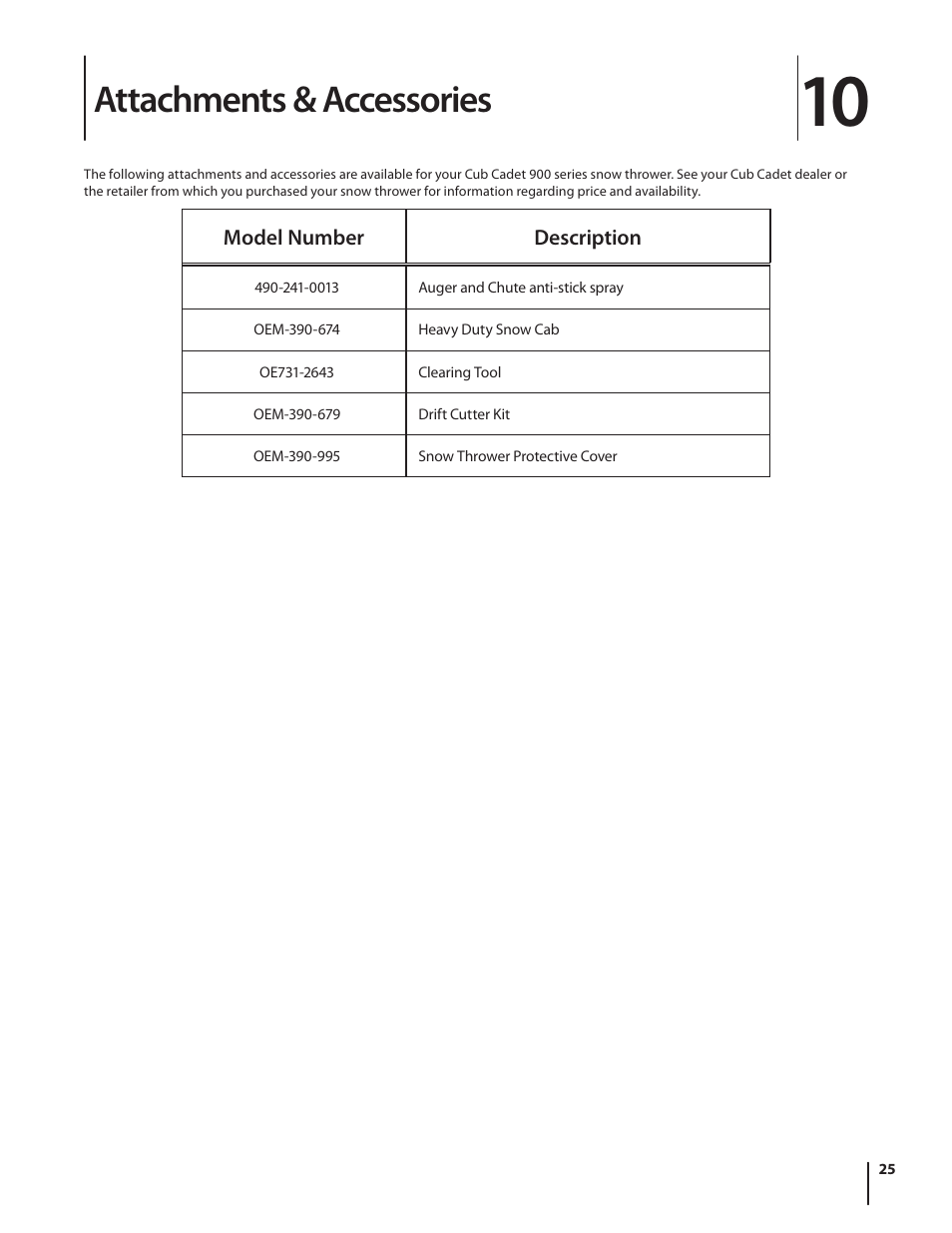 Attachments & accessories | Cub Cadet 930 SWE User Manual | Page 25 / 28