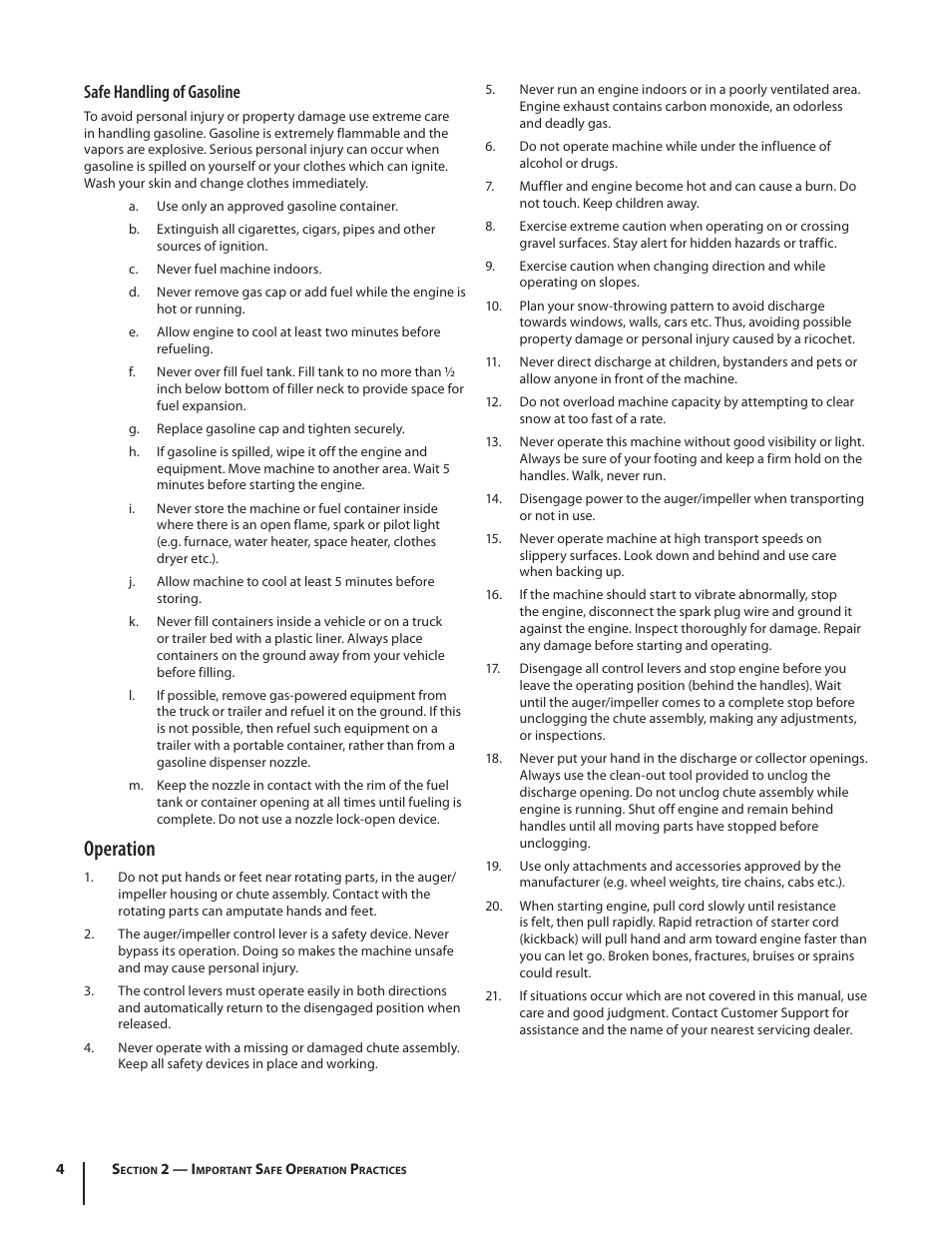 Operation, Safe handling of gasoline | Cub Cadet 930 SWE User Manual | Page 4 / 28