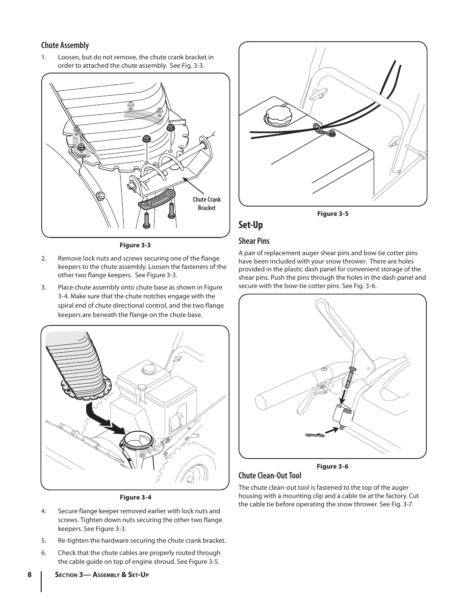 Set-up, Chute assembly, Shear pins | Chute clean-out tool | Cub Cadet 930 SWE User Manual | Page 8 / 28