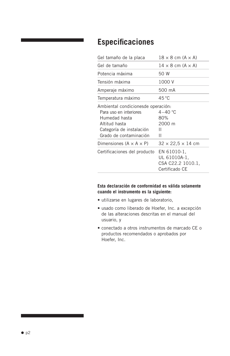 Especificaciones | Hoefer SE640 User Manual | Page 10 / 51