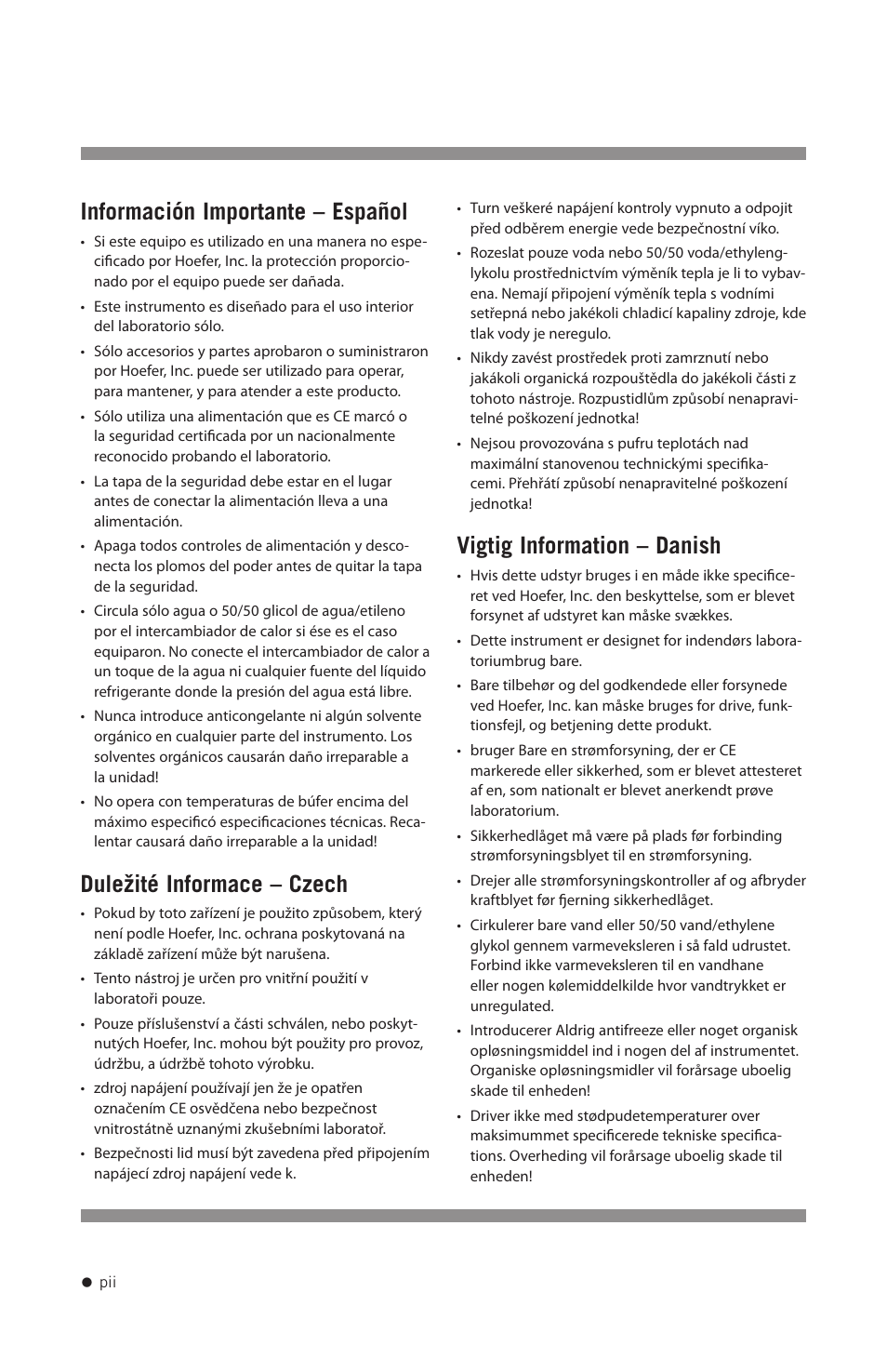 Información importante – español, Duležité informace – czech, Vigtig information – danish | Hoefer SE640 User Manual | Page 3 / 51