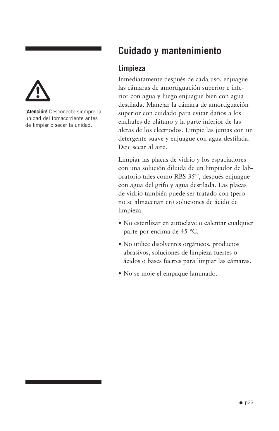 Cuidado y mantenimiento, Limpieza | Hoefer SE640 User Manual | Page 31 / 51