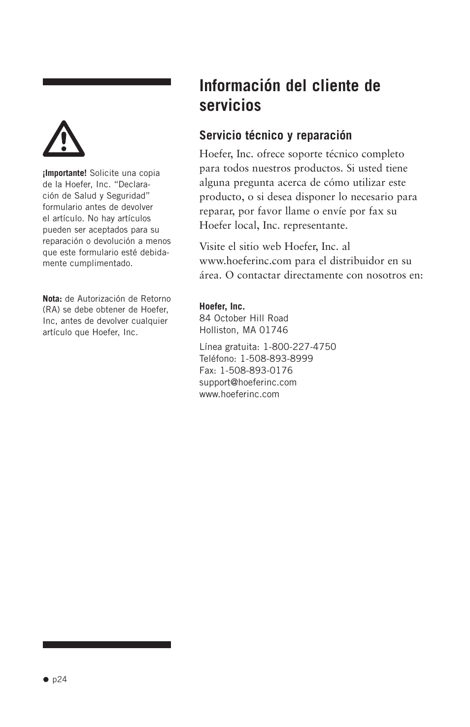 Información del cliente de servicios | Hoefer SE640 User Manual | Page 32 / 51