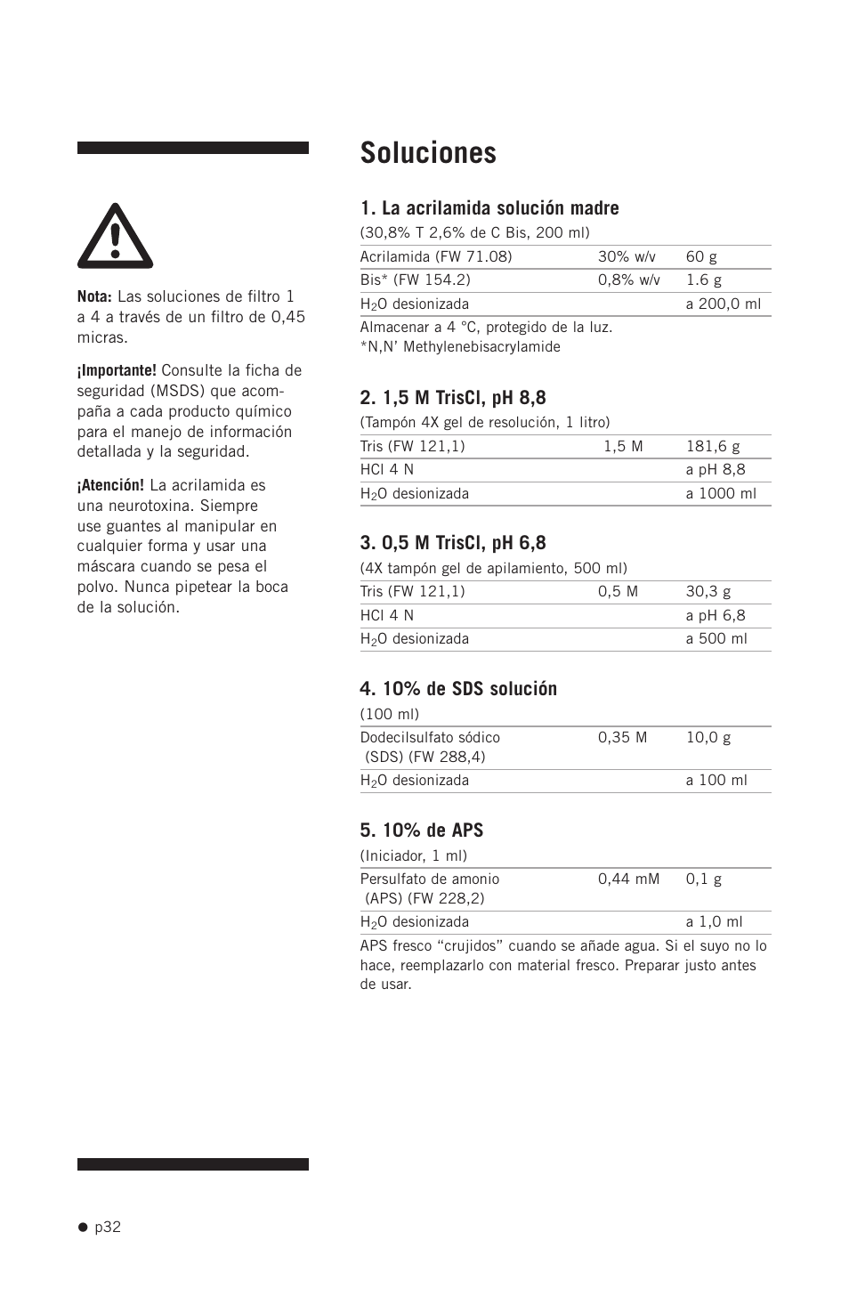Soluciones, La acrilamida solución madre, 1,5 m triscl, ph 8,8 | 0,5 m triscl, ph 6,8, 10% de sds solución, 10% de aps | Hoefer SE640 User Manual | Page 40 / 51