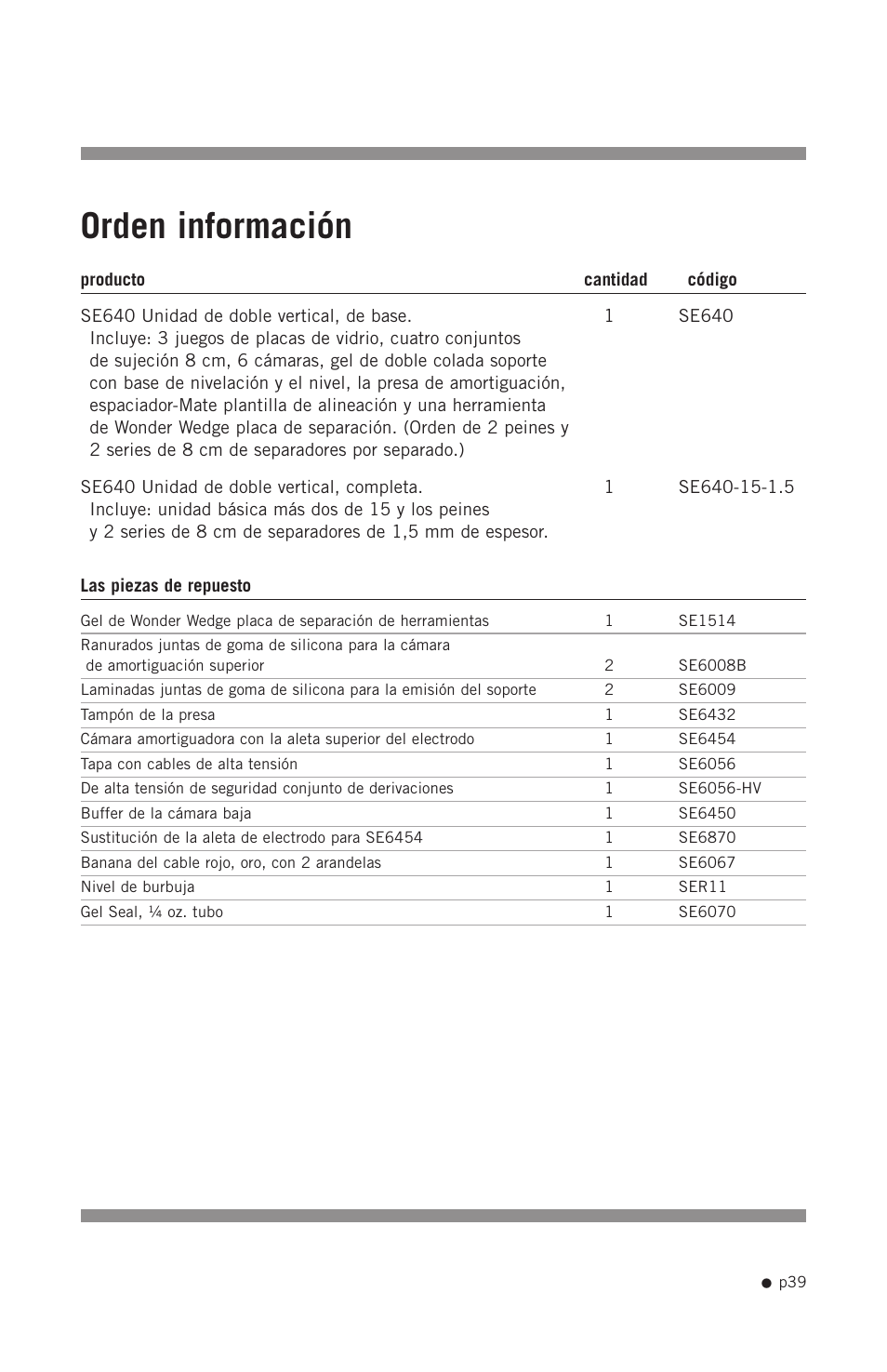 Orden información | Hoefer SE640 User Manual | Page 47 / 51