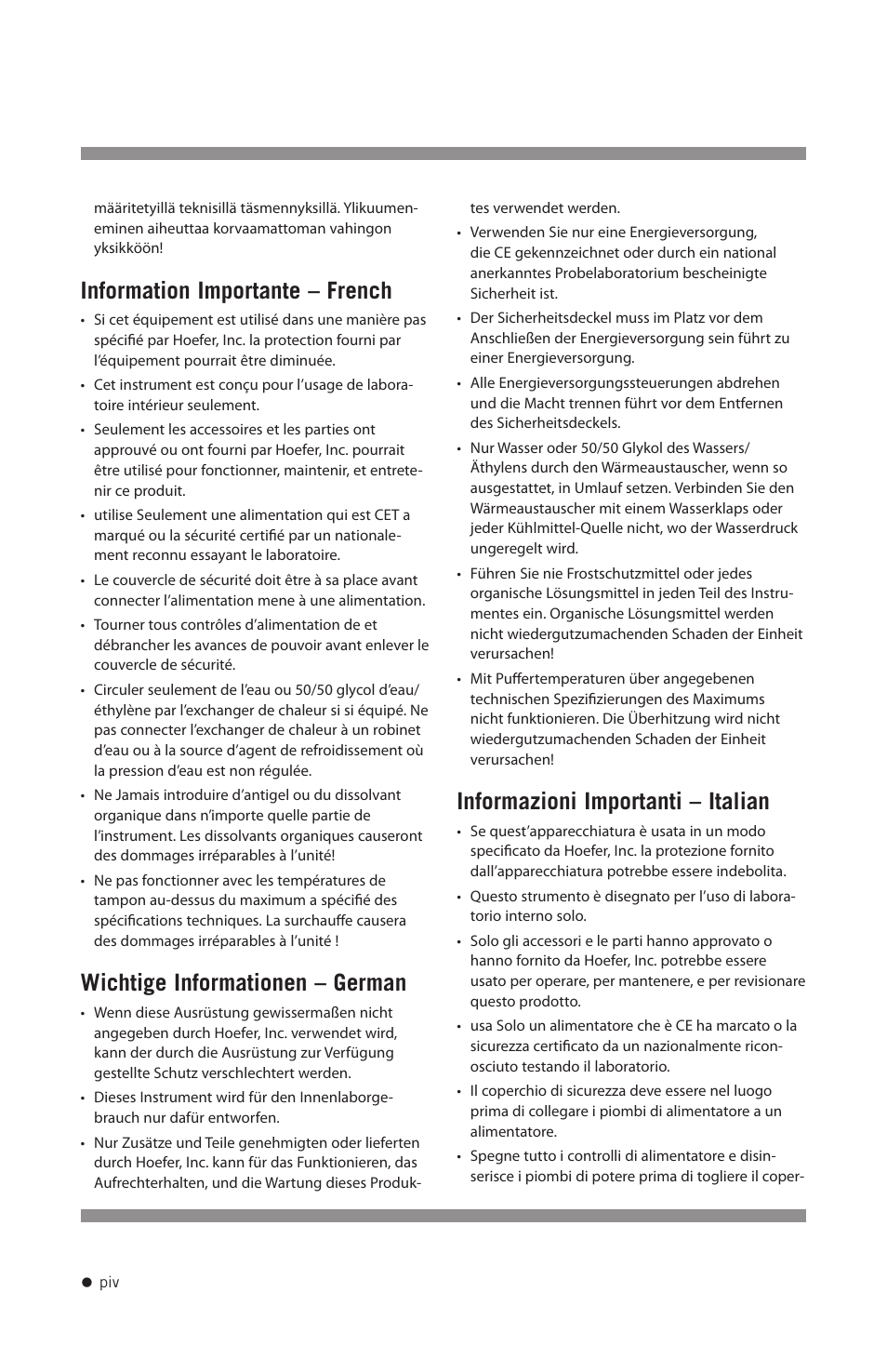 Information importante – french, Wichtige informationen – german, Informazioni importanti – italian | Hoefer SE640 User Manual | Page 5 / 51