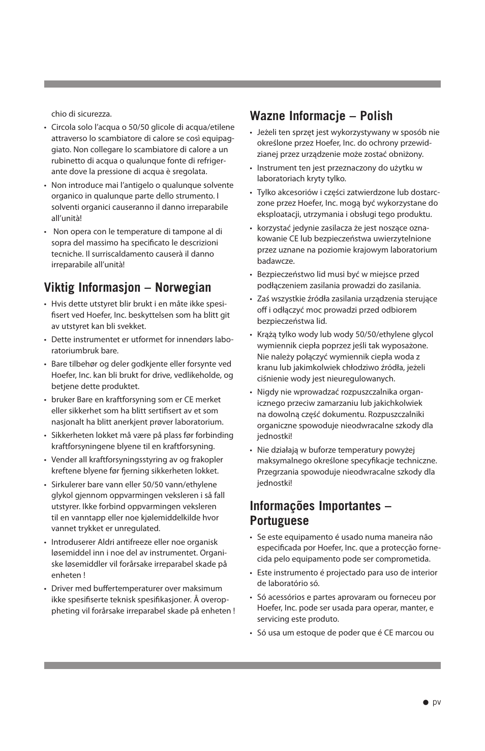 Viktig informasjon – norwegian, Wazne informacje – polish, Informações importantes – portuguese | Hoefer SE640 User Manual | Page 6 / 51