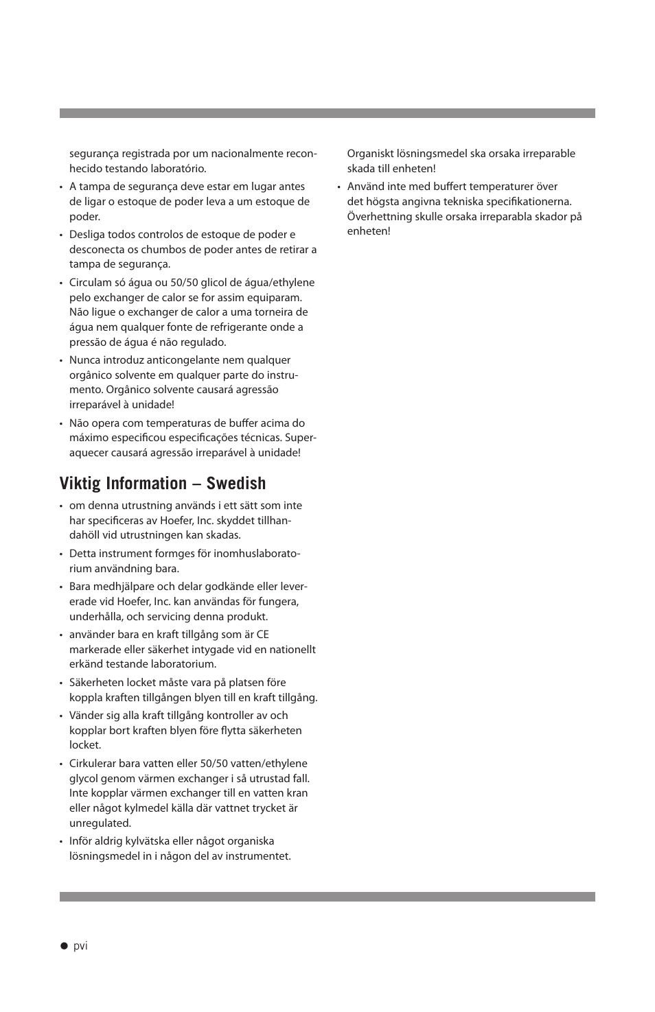 Viktig information – swedish | Hoefer SE640 User Manual | Page 7 / 51