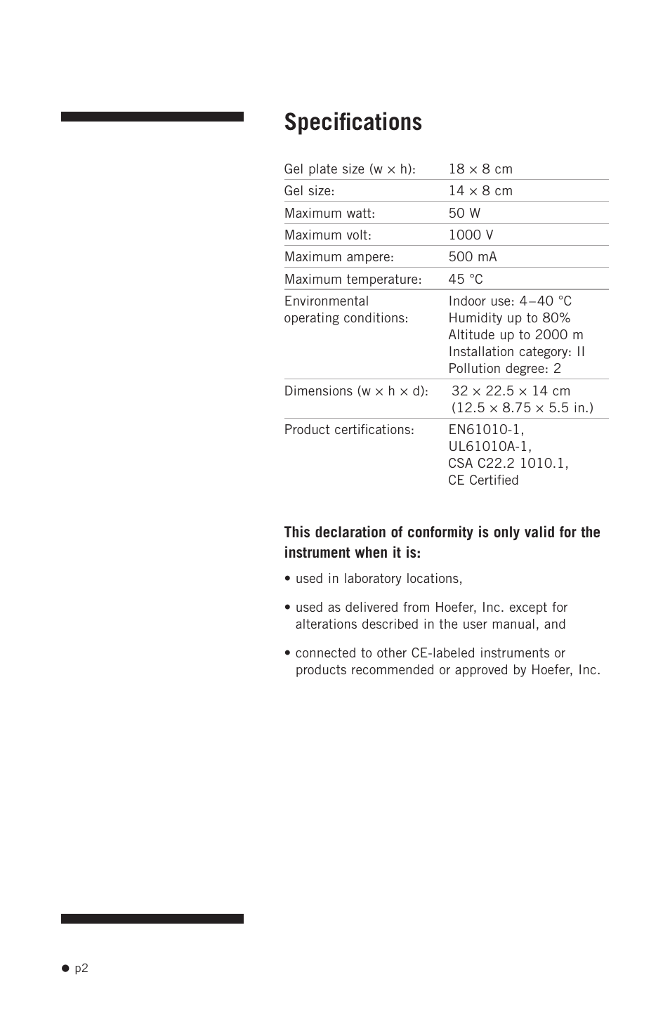 Specifications | Hoefer SE640 User Manual | Page 10 / 50