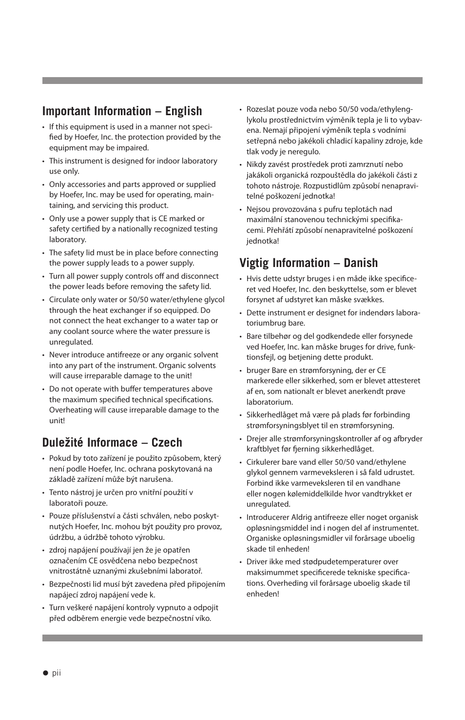 Important information – english, Duležité informace – czech, Vigtig information – danish | Hoefer SE640 User Manual | Page 3 / 50