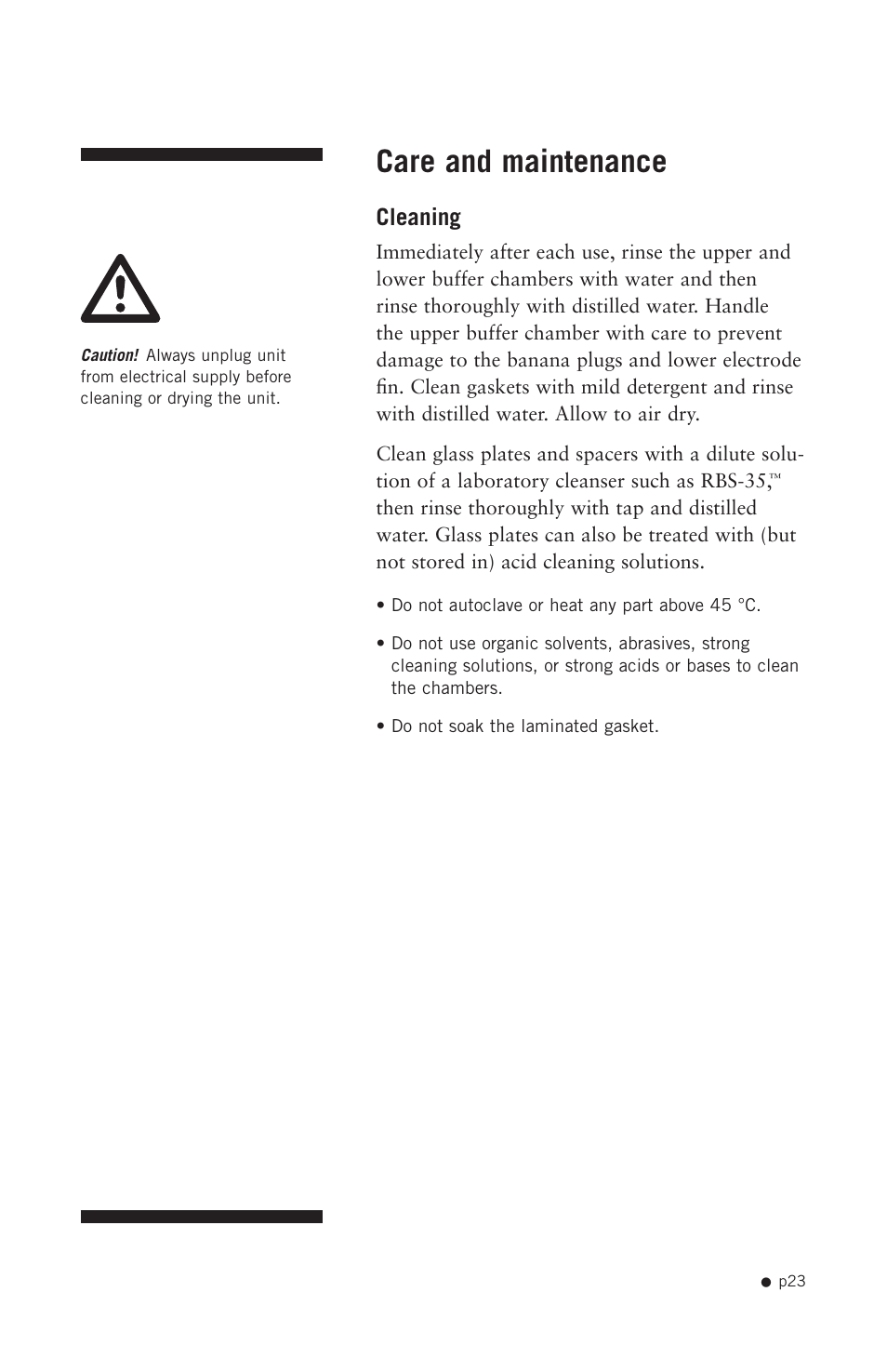 Care and maintenance, Cleaning | Hoefer SE640 User Manual | Page 31 / 50