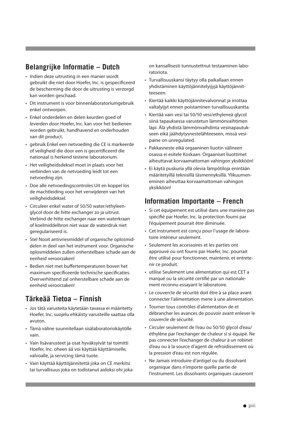 Belangrijke informatie – dutch, Tärkeää tietoa – finnish, Information importante – french | Hoefer SE640 User Manual | Page 4 / 50