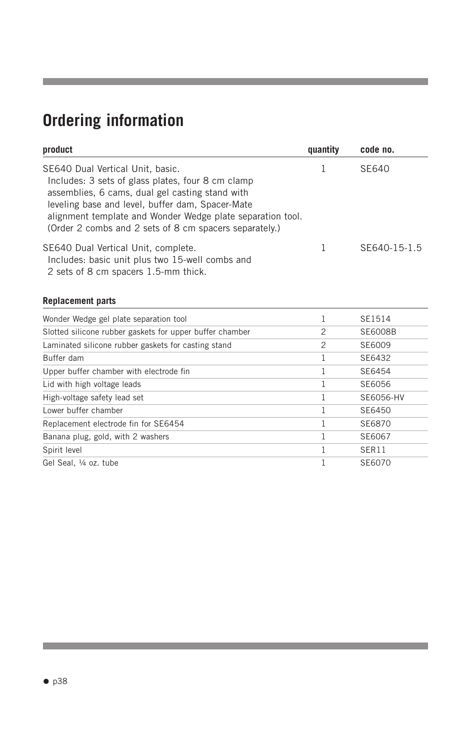 Ordering information | Hoefer SE640 User Manual | Page 46 / 50