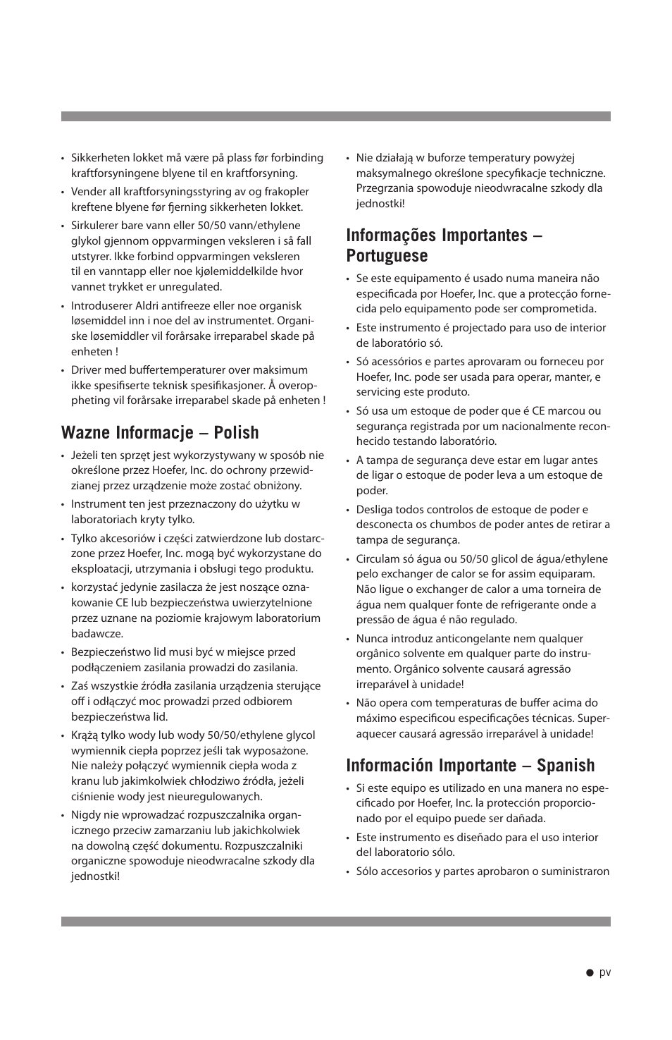 Wazne informacje – polish, Informações importantes – portuguese, Información importante – spanish | Hoefer SE640 User Manual | Page 6 / 50