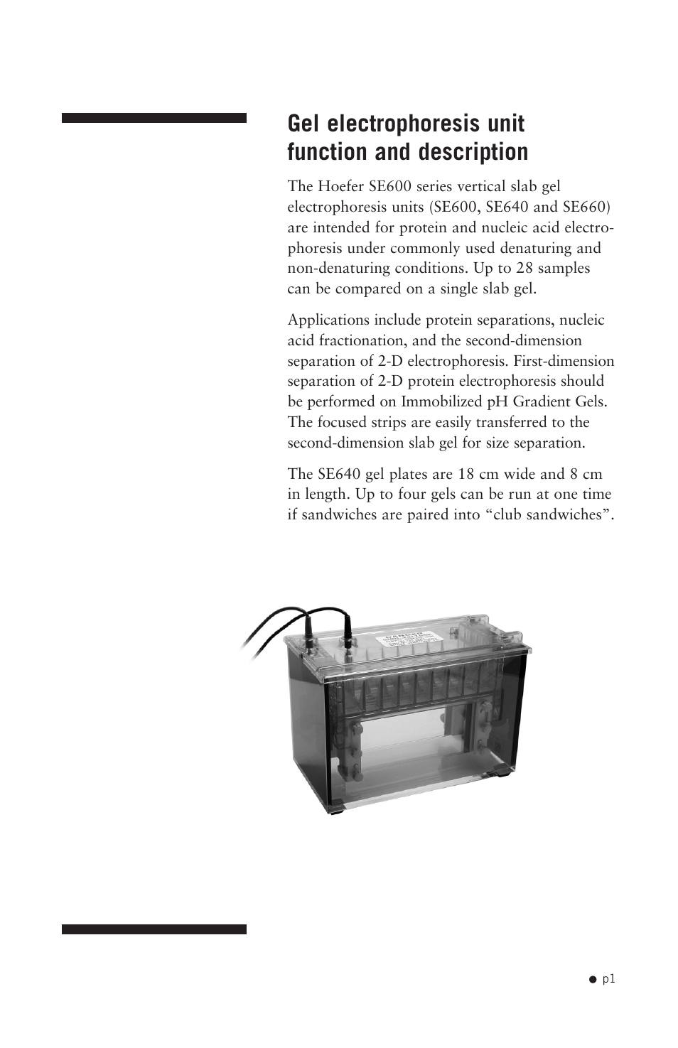 Gel electrophoresis unit function and description | Hoefer SE640 User Manual | Page 9 / 50