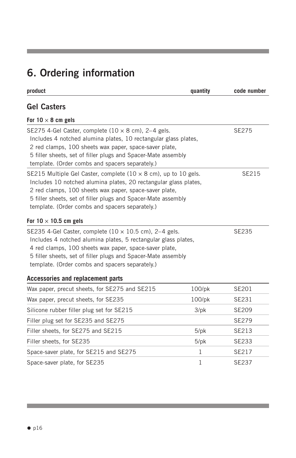 Ordering information, Gel casters | Hoefer SE215 User Manual | Page 18 / 21