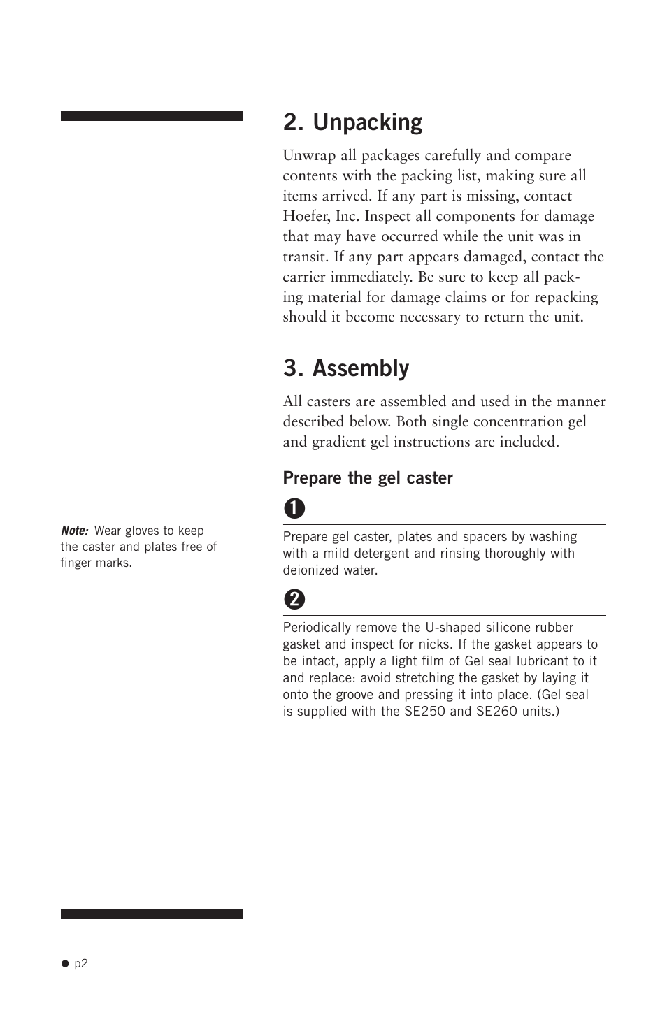 Unpacking, Assembly, Prepare the gel caster | Hoefer SE215 User Manual | Page 4 / 21