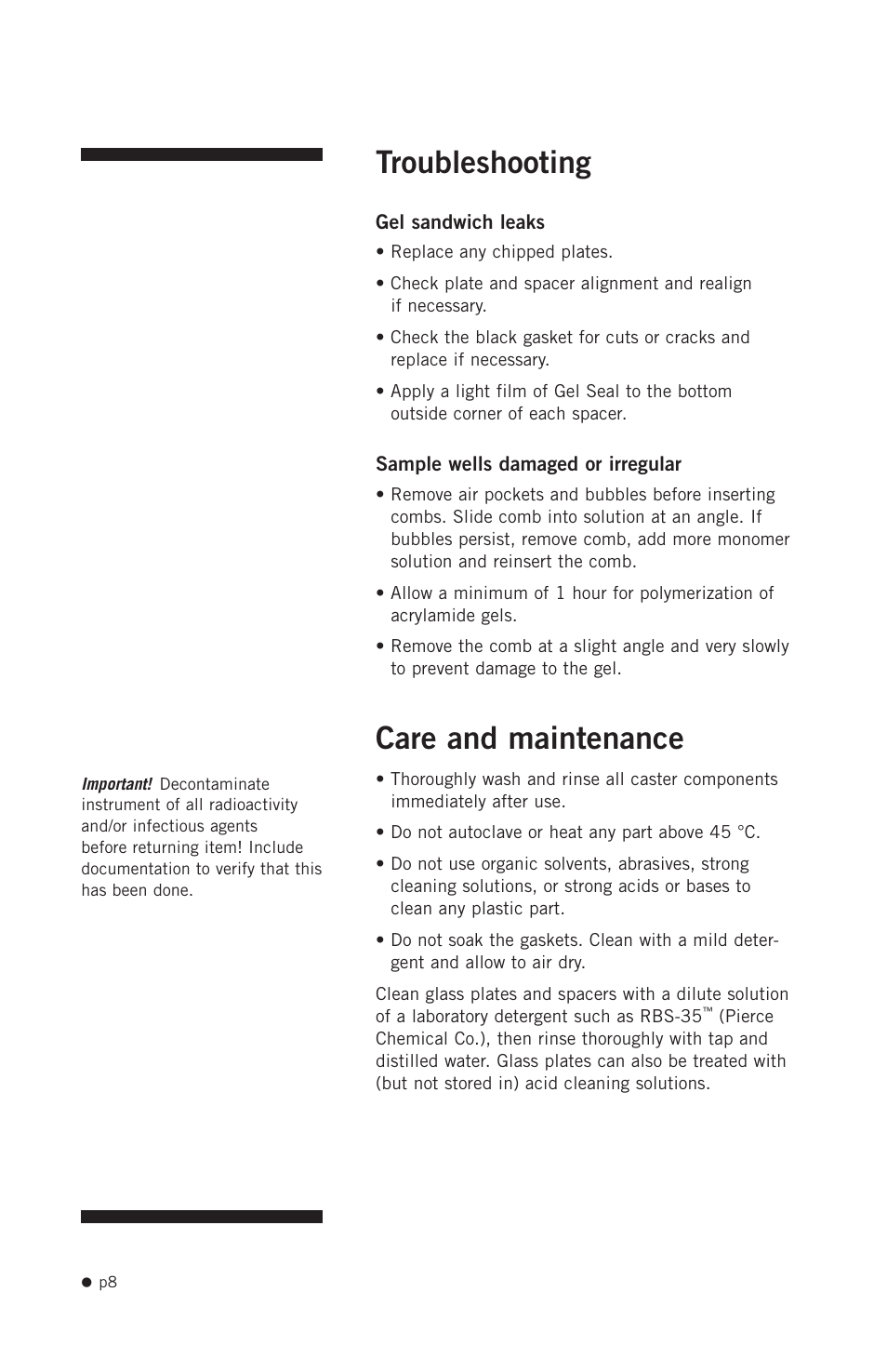 Troubleshooting, Care and maintenance | Hoefer SE245 User Manual | Page 10 / 13
