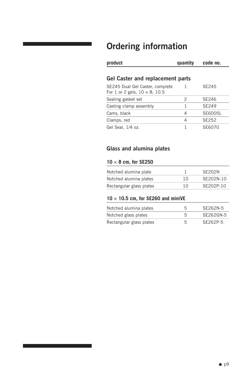 Ordering information, Gel caster and replacement parts, Glass and alumina plates | Hoefer SE245 User Manual | Page 11 / 13