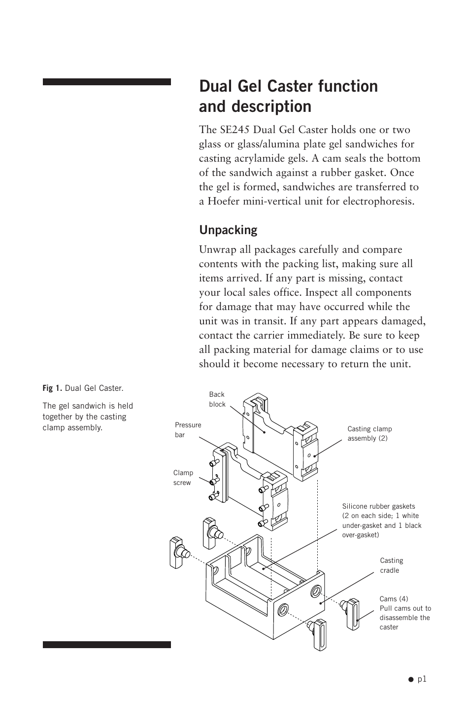 Dual gel caster function and description, Unpacking | Hoefer SE245 User Manual | Page 3 / 13