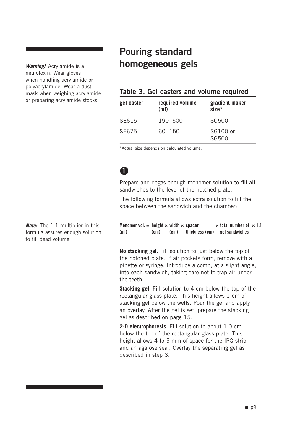 Pouring standard homogeneous gels, Table 3. gel casters and volume required | Hoefer SE615 User Manual | Page 12 / 27