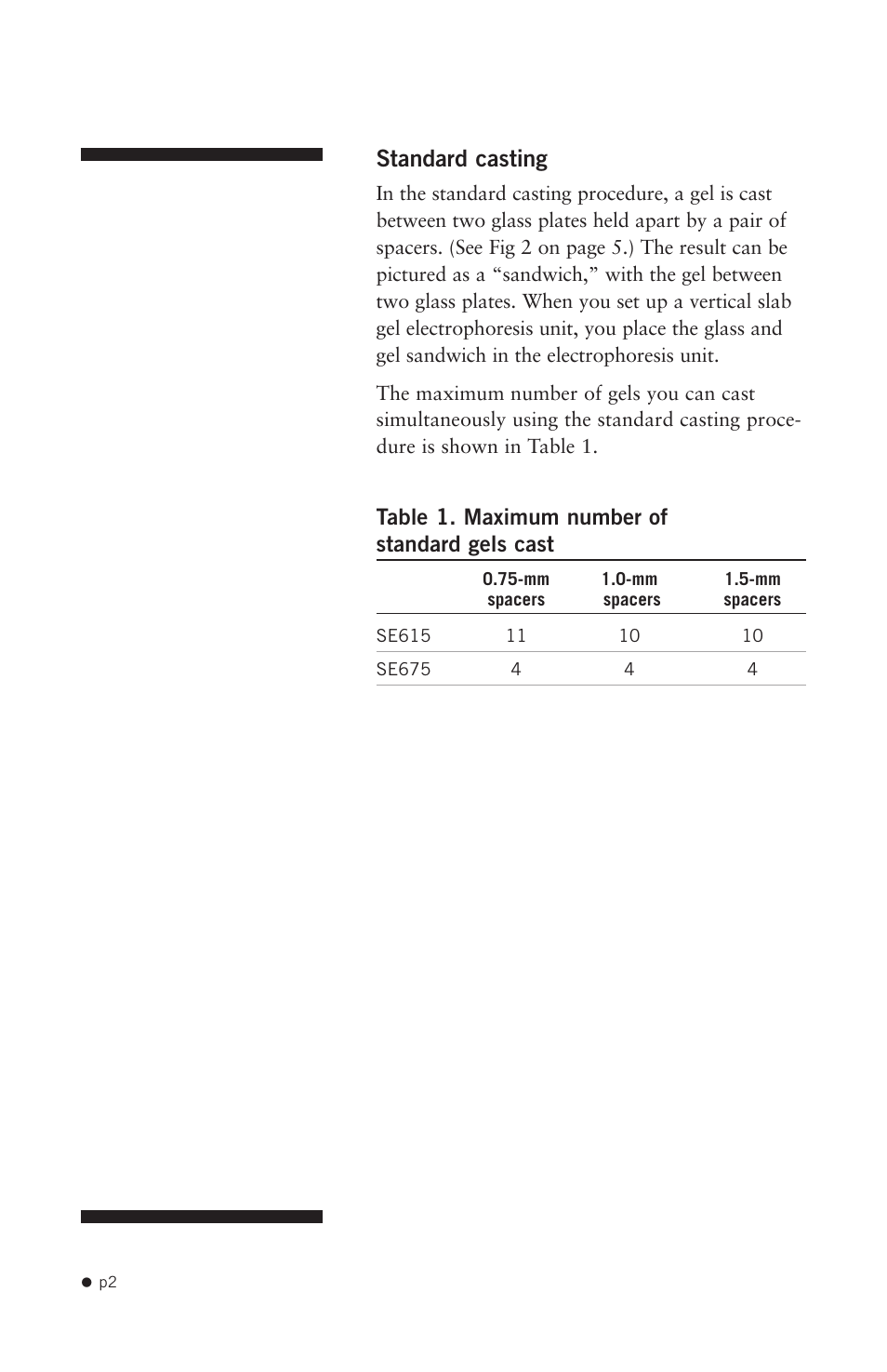 Standard casting, Table 1. maximum number of standard gels cast | Hoefer SE615 User Manual | Page 5 / 27