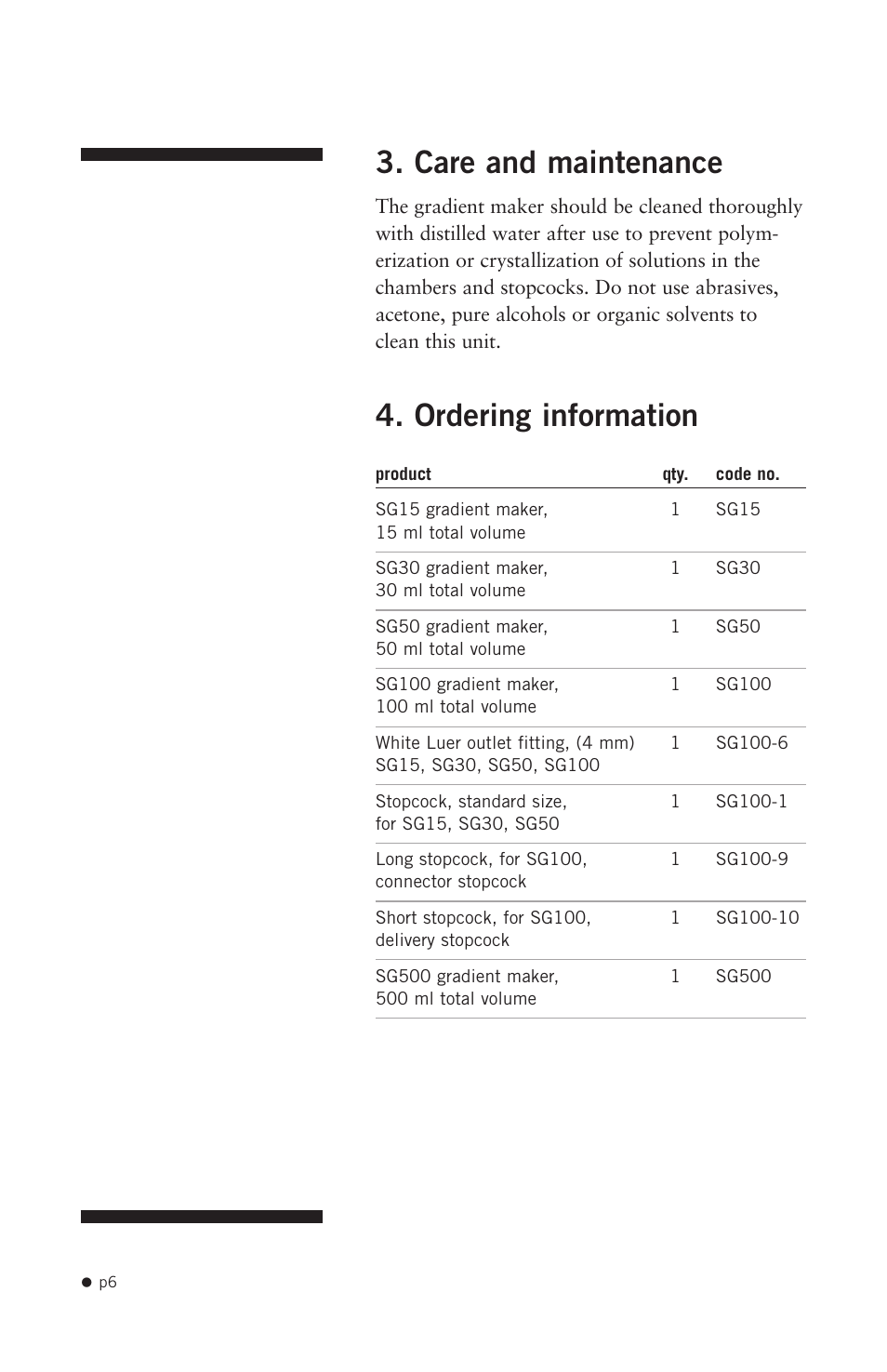 Care and maintenance, Ordering information | Hoefer SG15 User Manual | Page 8 / 9