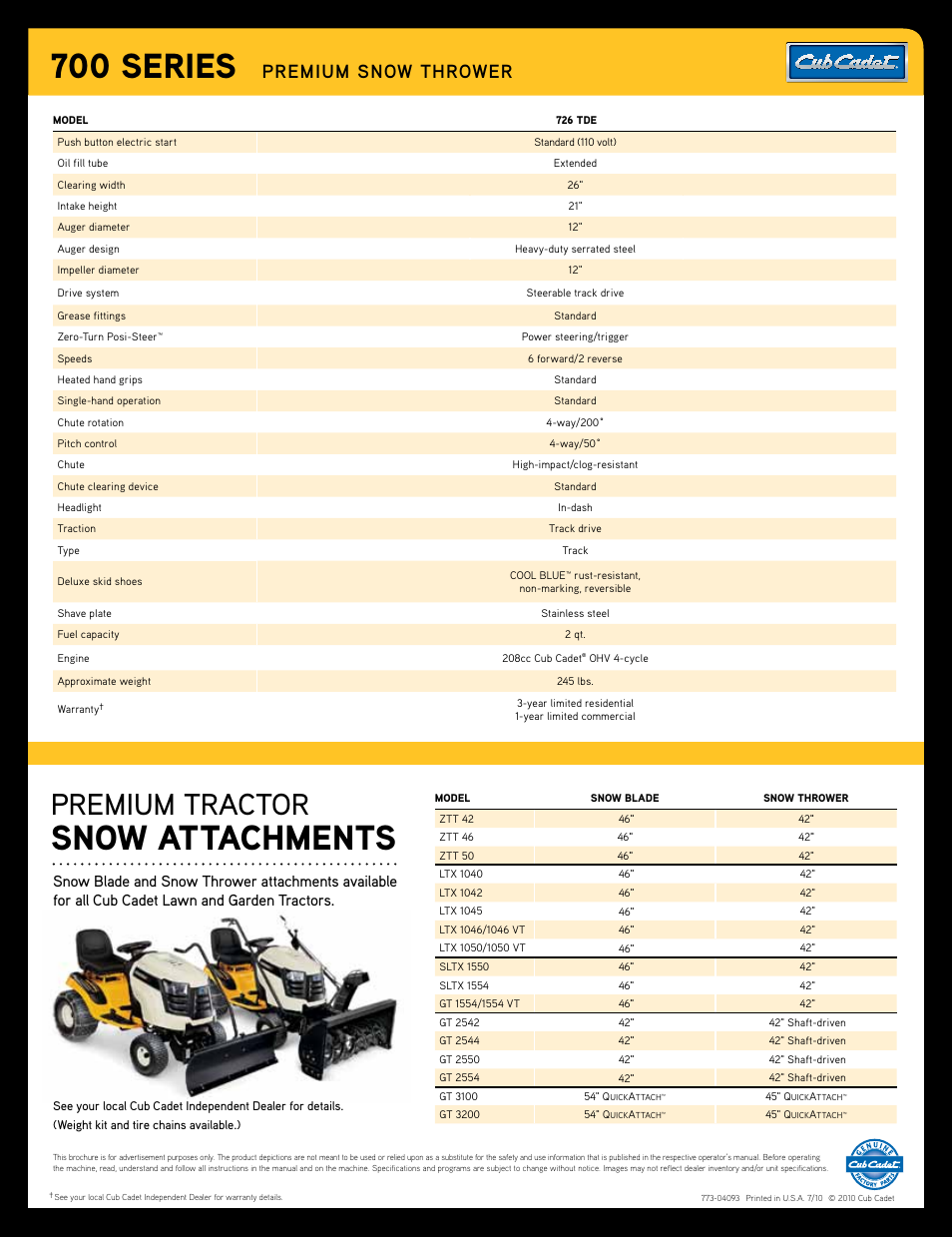 700 series, Snow attachments, Premium tractor | Premium snow thrower | Cub Cadet 726 TDE User Manual | Page 2 / 2