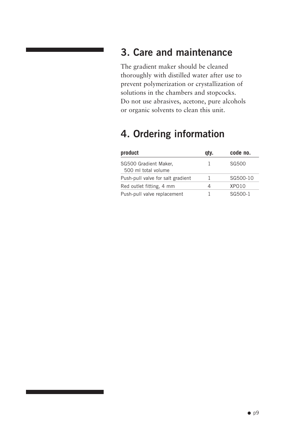 Care and maintenance, Ordering information | Hoefer SG500 User Manual | Page 11 / 12