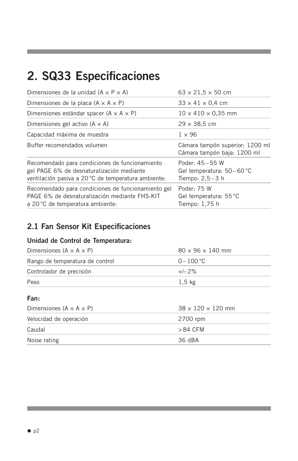 Sq33 especificaciones, 1 fan sensor kit especificaciones | Hoefer SQ33 Sequencer User Manual | Page 13 / 30