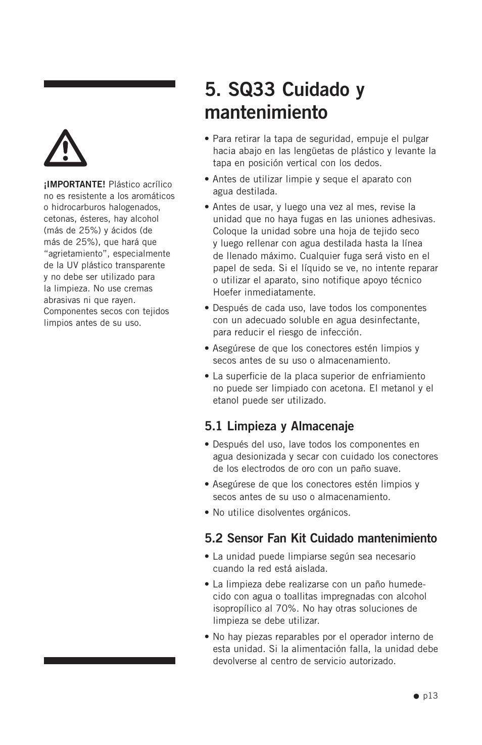 Sq33 cuidado y mantenimiento, 1 limpieza y almacenaje, 2 sensor fan kit cuidado mantenimiento | Hoefer SQ33 Sequencer User Manual | Page 24 / 30