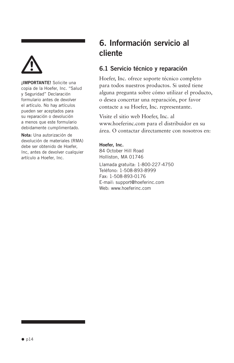 Información servicio al cliente | Hoefer SQ33 Sequencer User Manual | Page 25 / 30