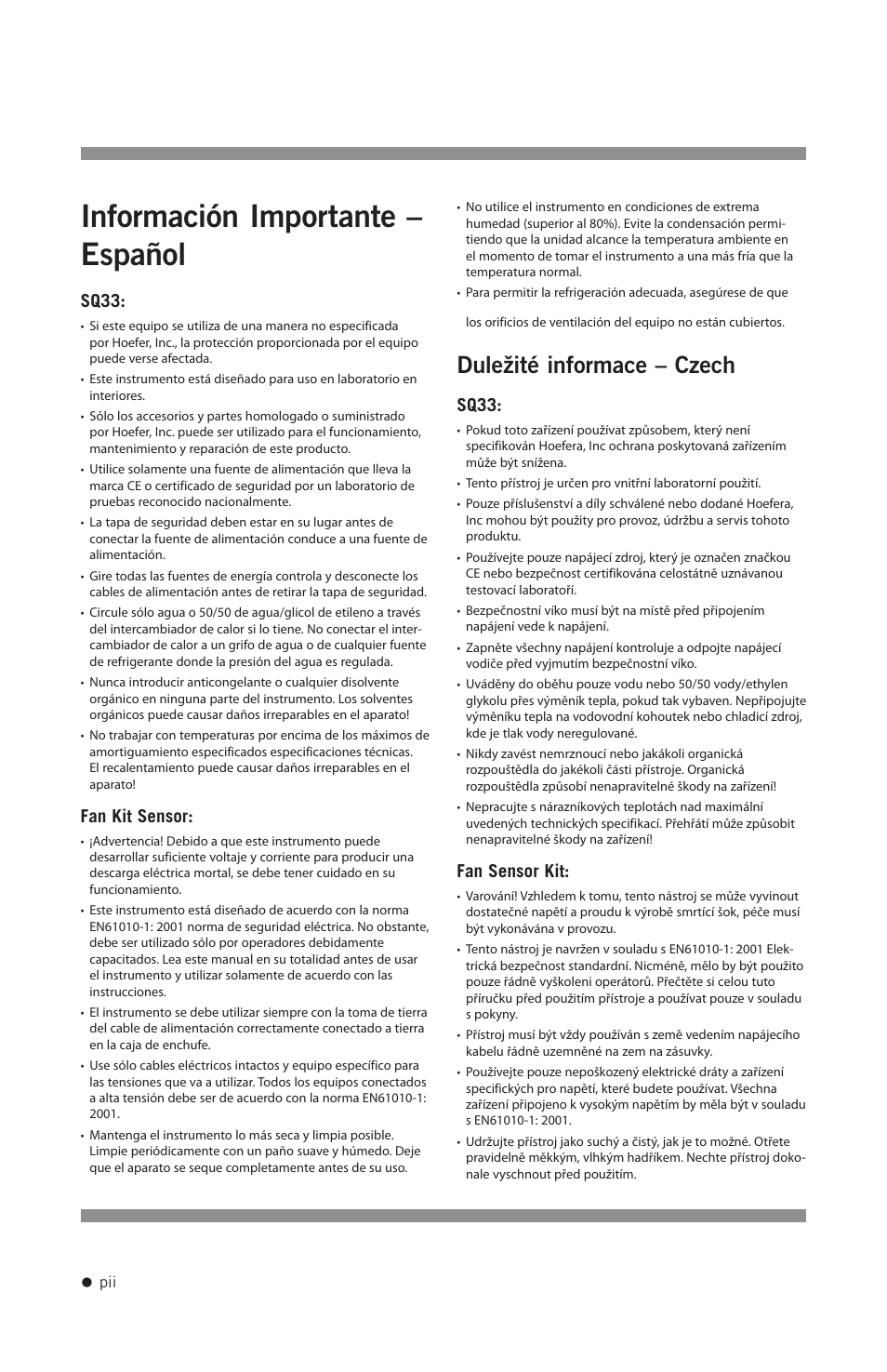 Información importante – español, Duležité informace – czech, Sq33 | Fan kit sensor, Fan sensor kit | Hoefer SQ33 Sequencer User Manual | Page 3 / 30