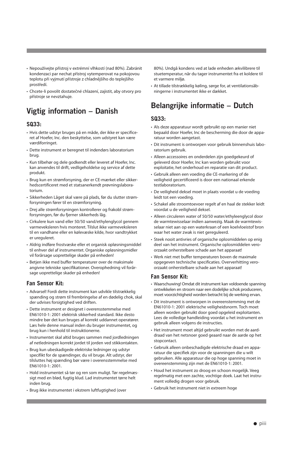Vigtig information – danish, Belangrijke informatie – dutch, Sq33 | Fan sensor kit | Hoefer SQ33 Sequencer User Manual | Page 4 / 30
