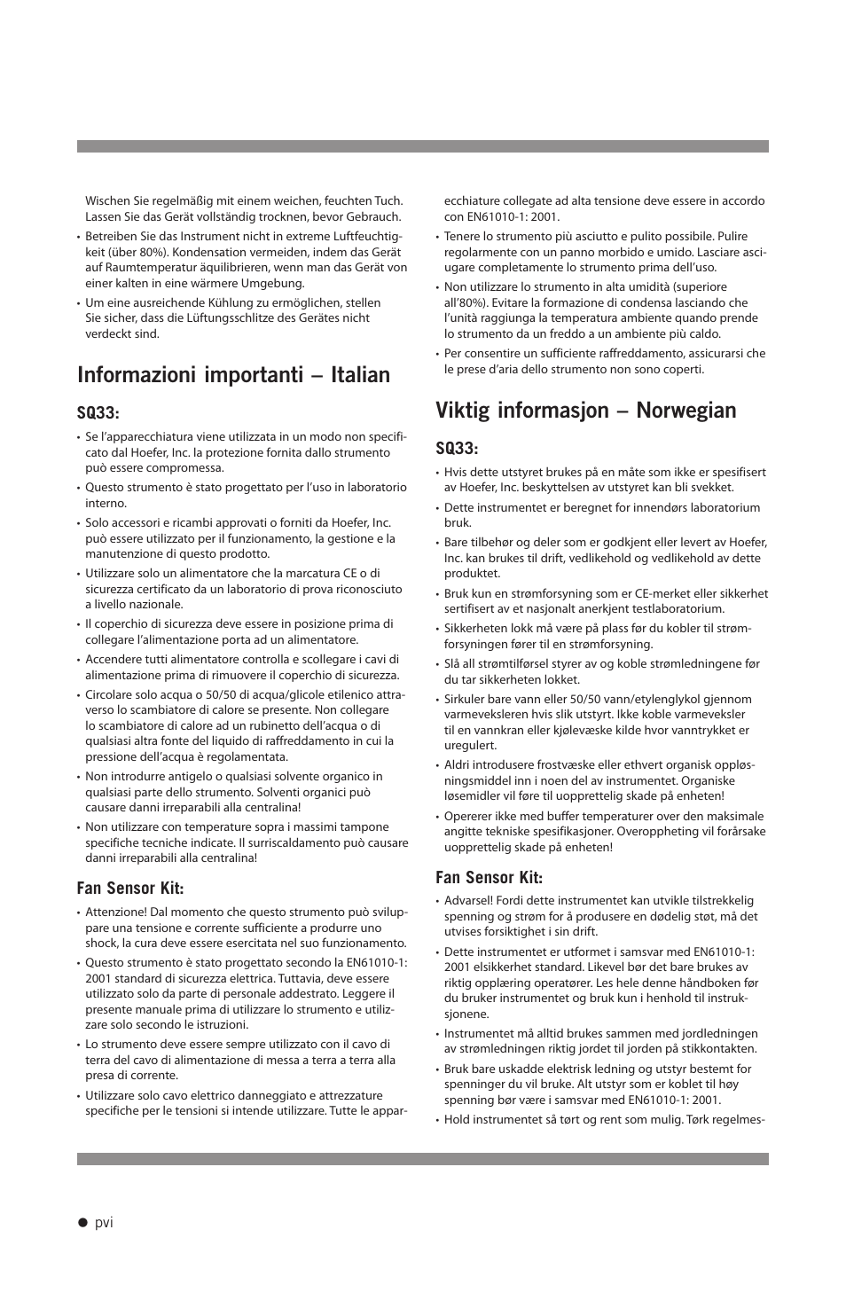 Informazioni importanti – italian, Viktig informasjon – norwegian, Sq33 | Fan sensor kit | Hoefer SQ33 Sequencer User Manual | Page 7 / 30
