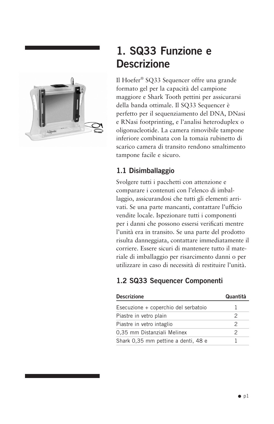 Sq33 funzione e descrizione, 1 disimballaggio, 2 sq33 sequencer componenti | Hoefer SQ33 Sequencer User Manual | Page 12 / 30