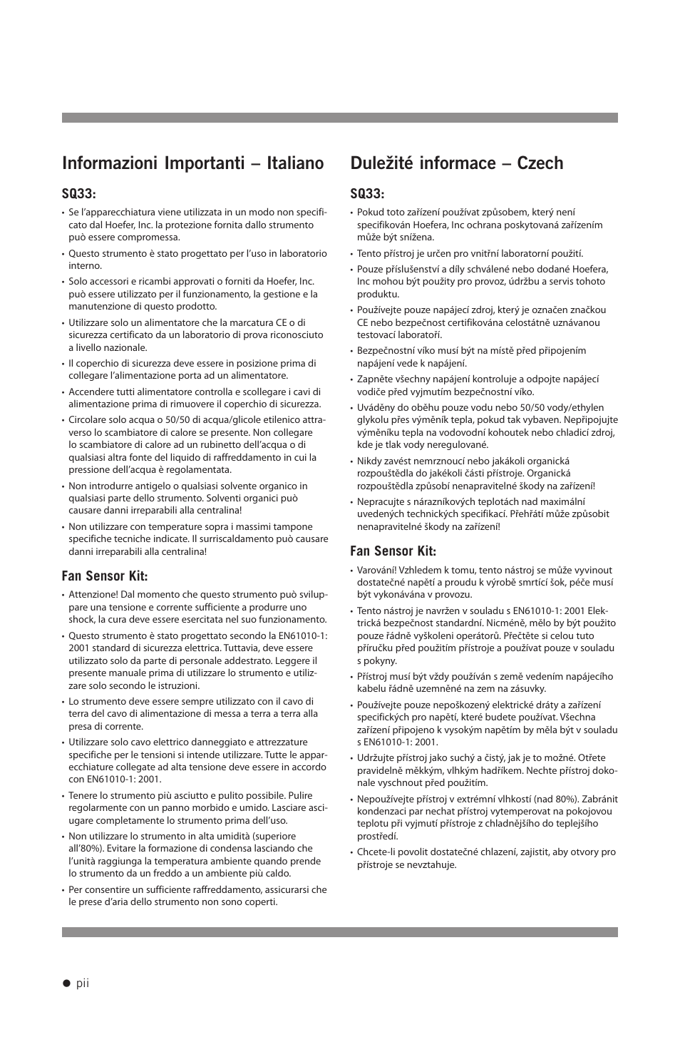 Informazioni importanti – italiano, Duležité informace – czech, Sq33 | Fan sensor kit | Hoefer SQ33 Sequencer User Manual | Page 3 / 30