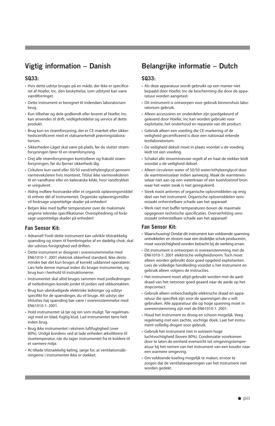 Vigtig information – danish, Belangrijke informatie – dutch, Sq33 | Fan sensor kit | Hoefer SQ33 Sequencer User Manual | Page 4 / 30