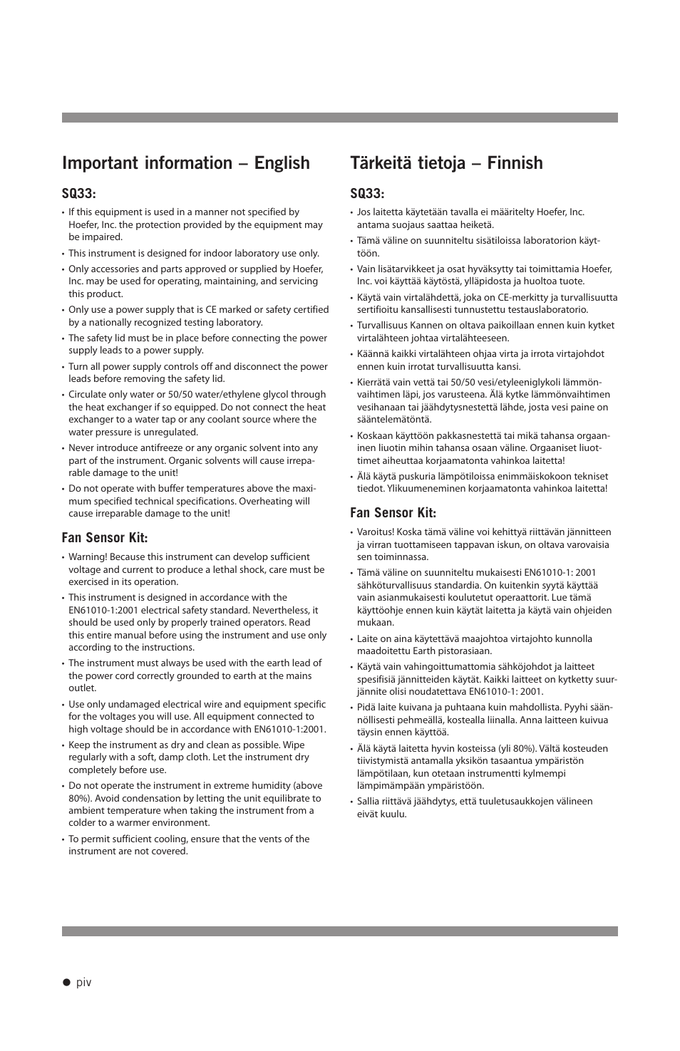 Important information – english, Tärkeitä tietoja – finnish, Sq33 | Fan sensor kit | Hoefer SQ33 Sequencer User Manual | Page 5 / 30