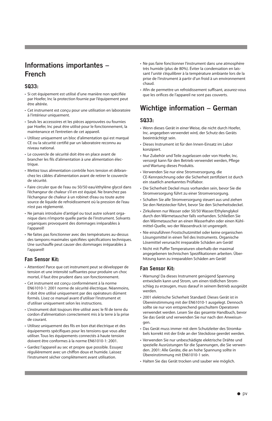 Informations importantes – french, Wichtige information – german, Sq33 | Fan sensor kit | Hoefer SQ33 Sequencer User Manual | Page 6 / 30