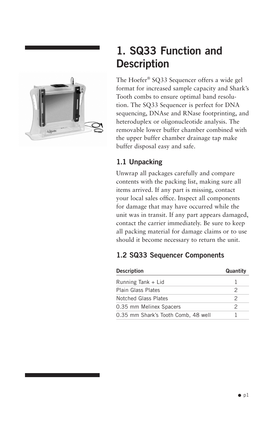 Sq33 function and description, 1 unpacking, 2 sq33 sequencer components | Hoefer SQ33 Sequencer User Manual | Page 12 / 30